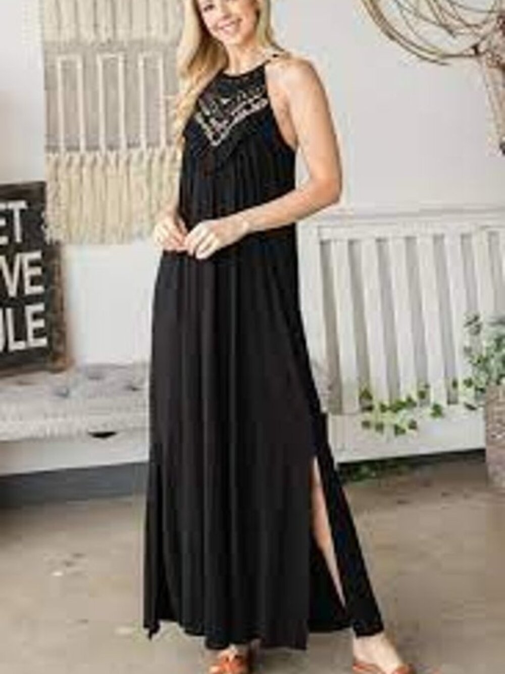 CY Fashion Size S Black Solid Crochet Maxi Dress Keyhole Back EUC